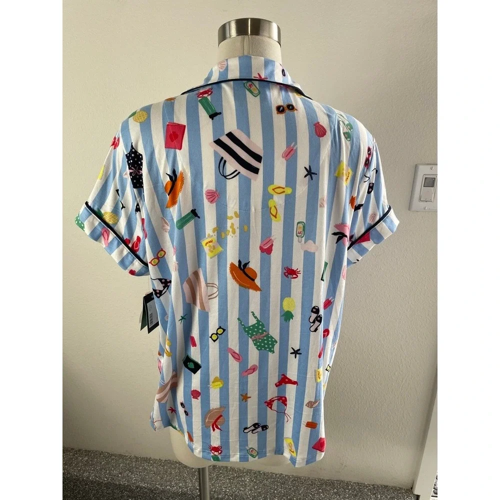 NEW Kate Spade Womens XL Blue Stripe Floral Sleep Top Pajama Shirt